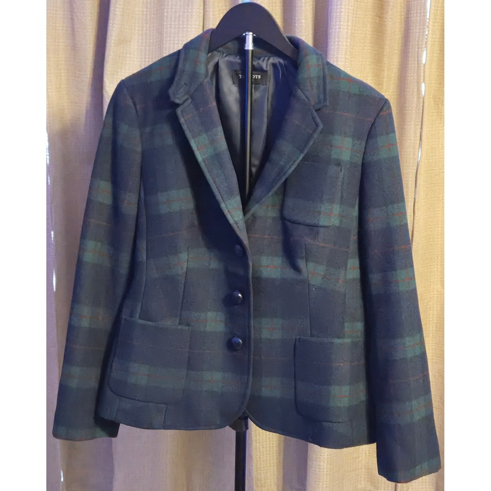 Talots 3 Button Blazer Womens Size 16P Green Blue Plaid